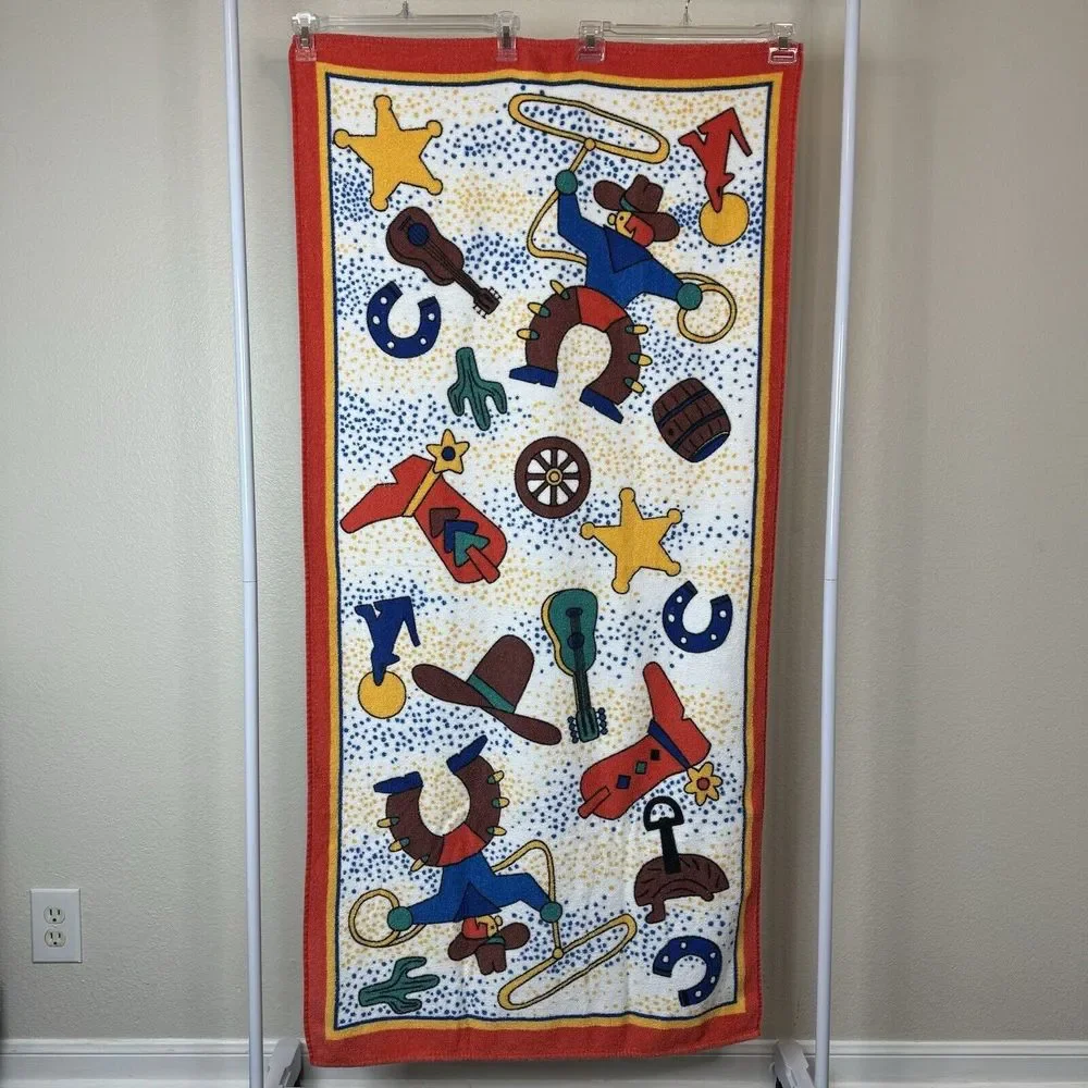 Vintage Western Cowboy Kids Novelty Beach Towel Stars Boots Cactus